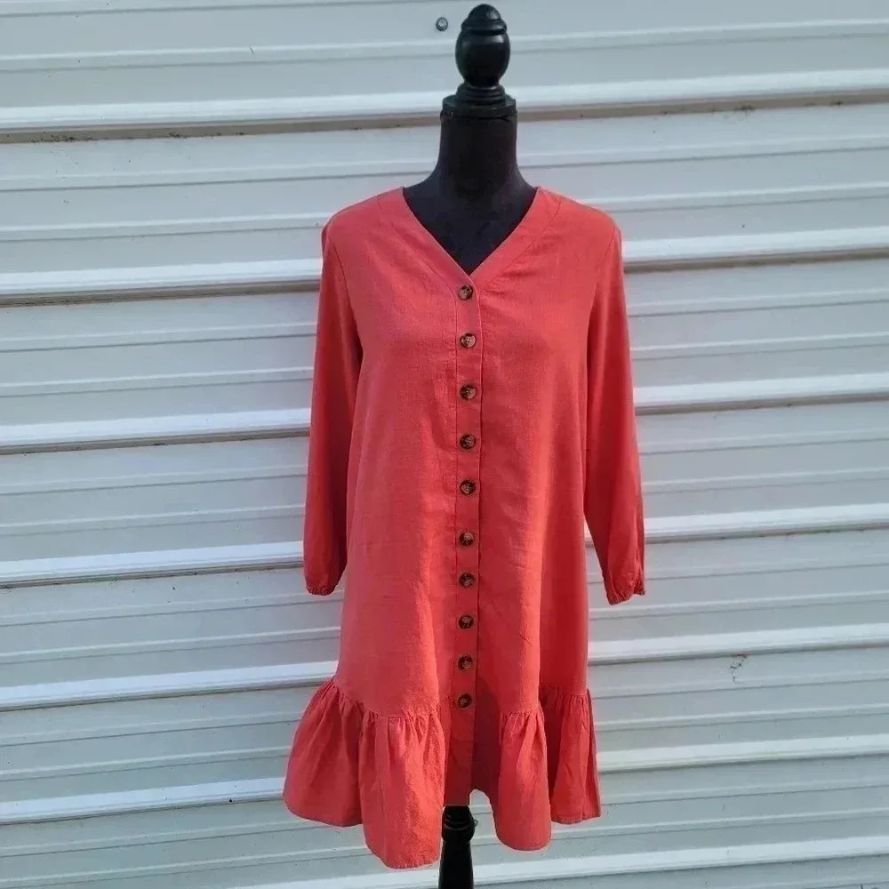 Chelsea & Theodore Dress PL Petite Women's Red Linen Blend Button Front Long Sle